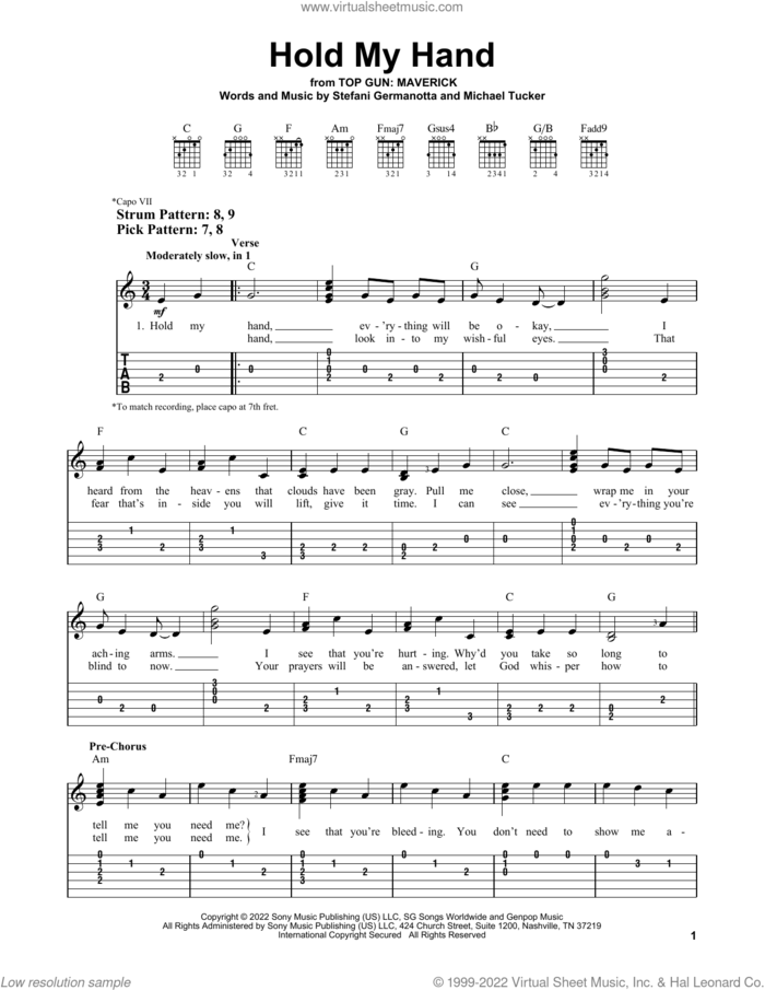 Hold My Hand (from Top Gun: Maverick) sheet music for guitar solo (easy tablature) by Lady Gaga and Michael Tucker p/k/a BloodPop, easy guitar (easy tablature)