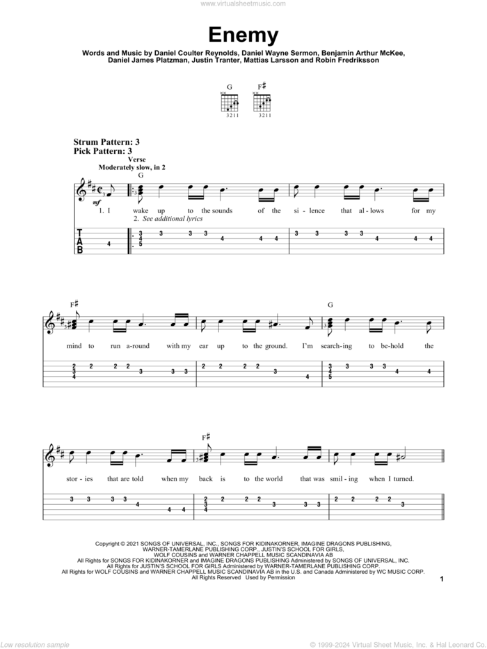 Enemy (from the series Arcane League of Legends) sheet music for guitar solo (easy tablature) by Imagine Dragons & JID, Benjamin Arthur Mckee, Daniel Coulter Reynolds, Daniel James Platzman, Daniel Wayne Sermon, Justin Tranter, Mattias Larsson and Robin Fredriksson, easy guitar (easy tablature)