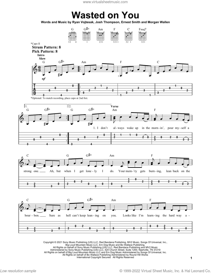 Wasted On You sheet music for guitar solo (easy tablature) by Morgan Wallen, Ernest Smith, Josh Thompson and Ryan Vojtesak, easy guitar (easy tablature)