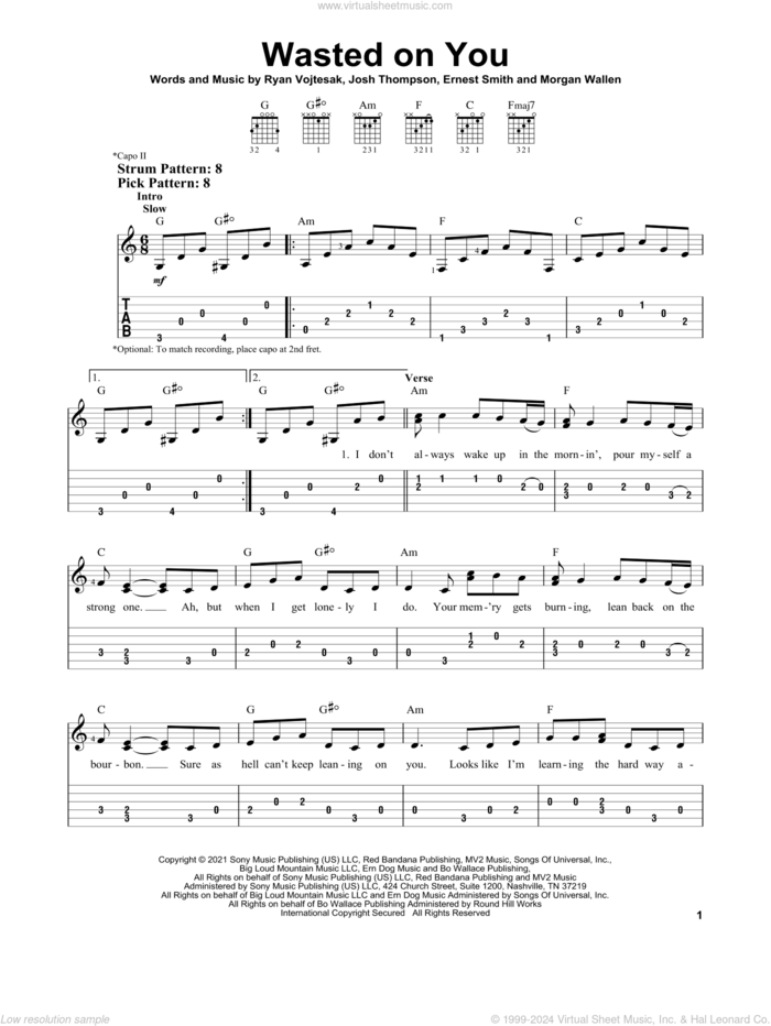 Wasted On You sheet music for guitar solo (easy tablature) by Morgan Wallen, Ernest Smith, Josh Thompson and Ryan Vojtesak, easy guitar (easy tablature)