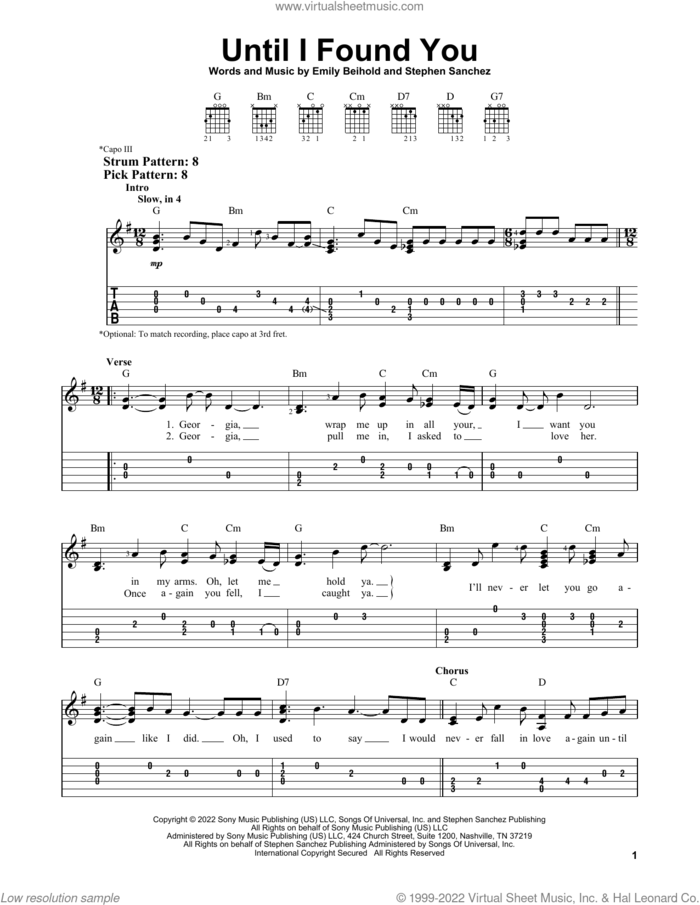 Until I Found You sheet music for guitar solo (easy tablature) by Stephen Sanchez and Emily Beihold, easy guitar (easy tablature)