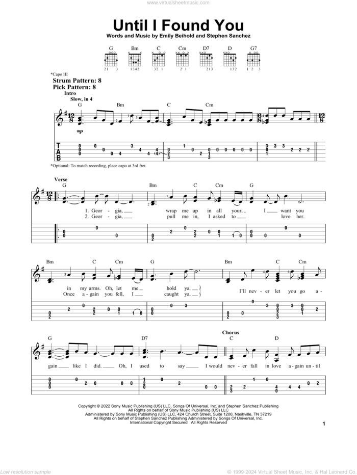 Until I Found You sheet music for guitar solo (easy tablature) by Stephen Sanchez and Emily Beihold, easy guitar (easy tablature)