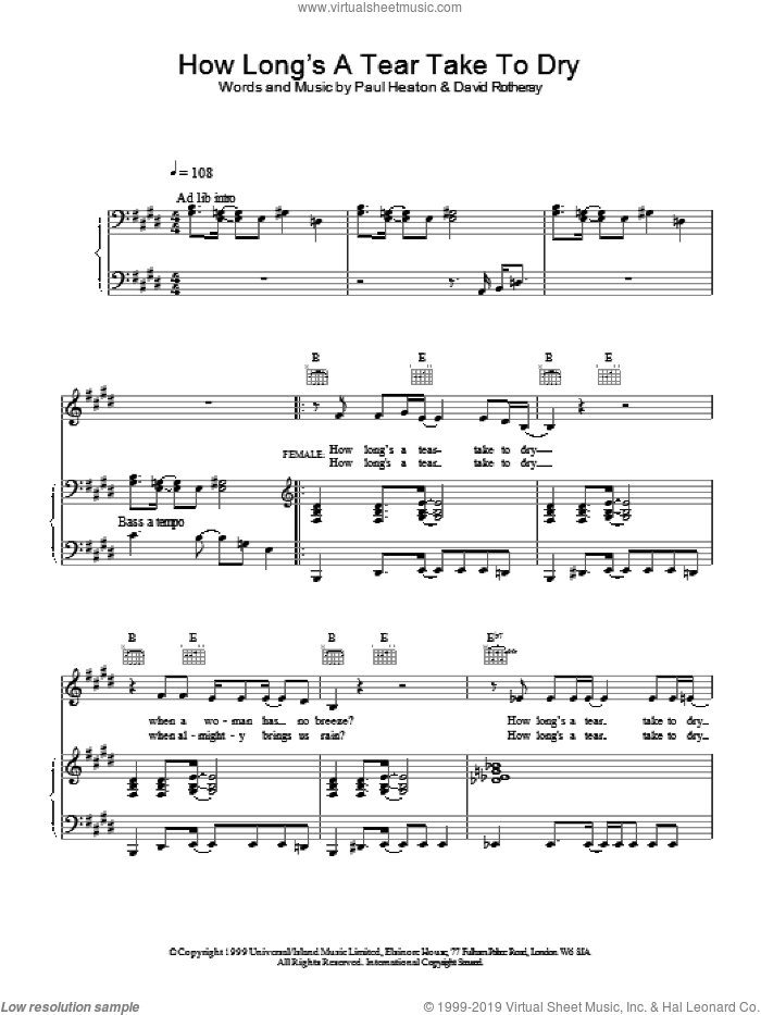 How Long's A Tear Take To Dry? sheet music for voice, piano or guitar by The Beautiful South, intermediate skill level