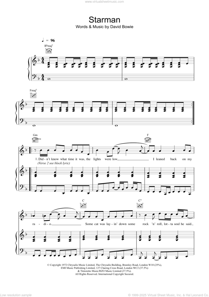 Starman sheet music for voice, piano or guitar by David Bowie, intermediate skill level