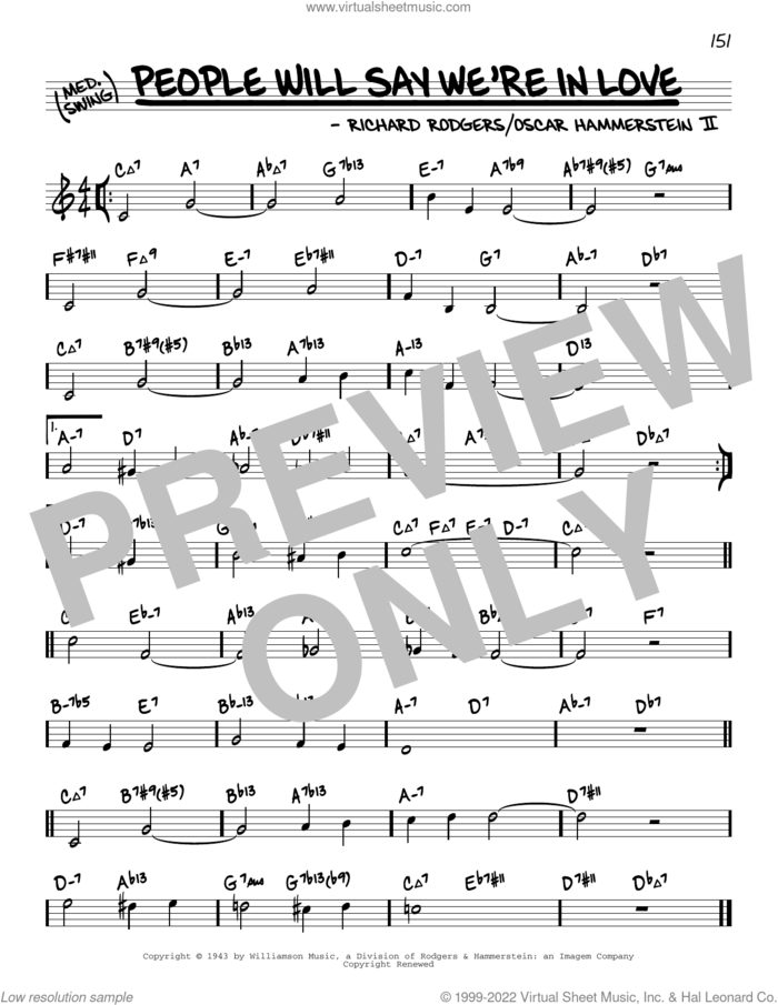People Will Say We're In Love (from Oklahoma) (arr. David Hazeltine) sheet music for voice and other instruments (real book) by Richard Rodgers, David Hazeltine, Oscar II Hammerstein and Rodgers & Hammerstein, intermediate skill level