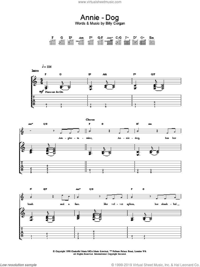 Annie-Dog sheet music for guitar (tablature) by The Smashing Pumpkins, intermediate skill level