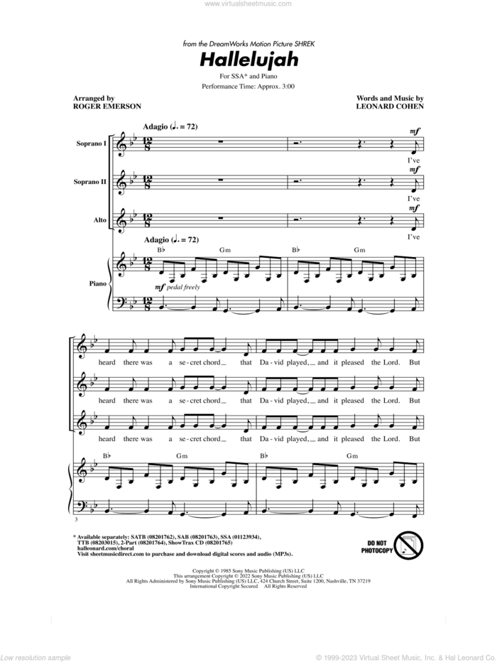 Hallelujah (arr. Roger Emerson) sheet music for choir (SSA: soprano, alto) by Leonard Cohen and Roger Emerson, intermediate skill level
