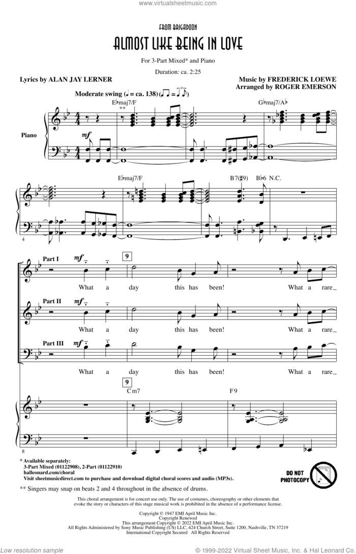 Almost Like Being In Love (from Brigadoon) (arr. Roger Emerson) sheet music for choir (3-Part Mixed) by Lerner & Loewe, Roger Emerson, David Brooks and Marion Bell, Gene Kelly, Alan Jay Lerner and Frederick Loewe, intermediate skill level