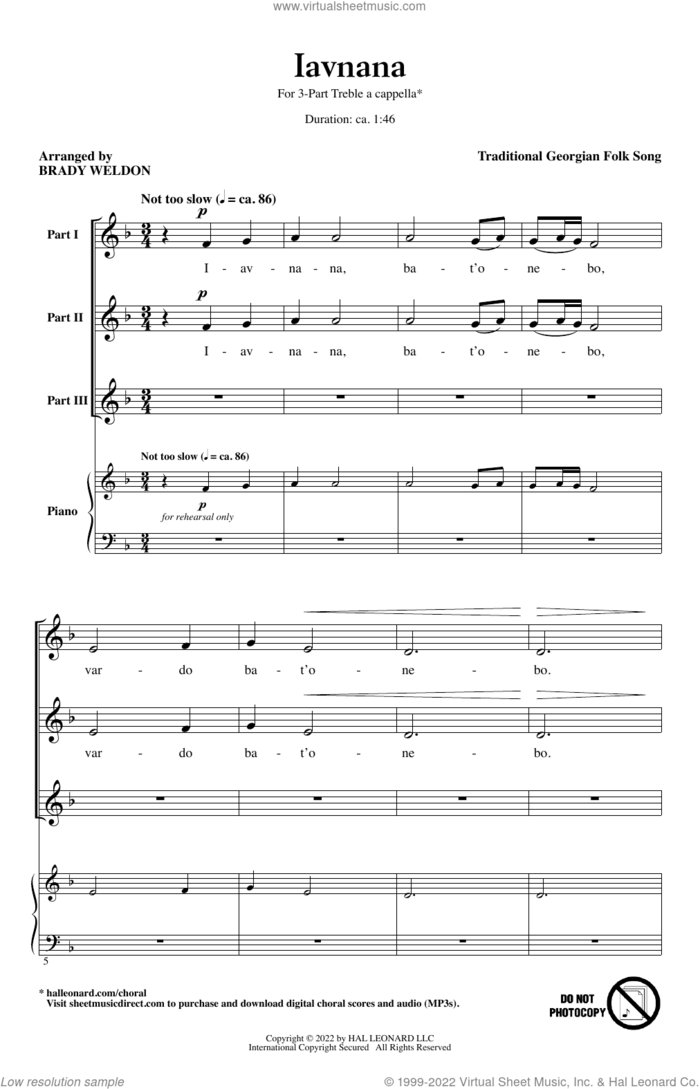 Iavnana (arr. Brady Weldon) sheet music for choir (3-Part Treble) by Traditional Georgian Folk Song and Brady Weldon, intermediate skill level