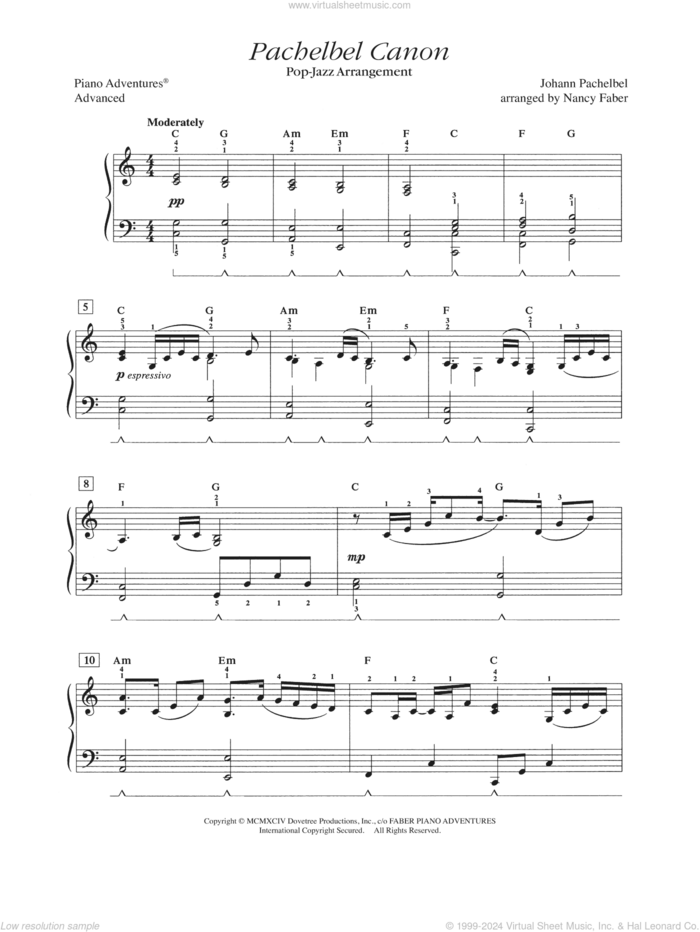 Pachelbel Canon (Pop-Jazz Arrangement) sheet music for piano solo by Johann Pachelbel and Nancy Faber, classical wedding score, intermediate/advanced skill level