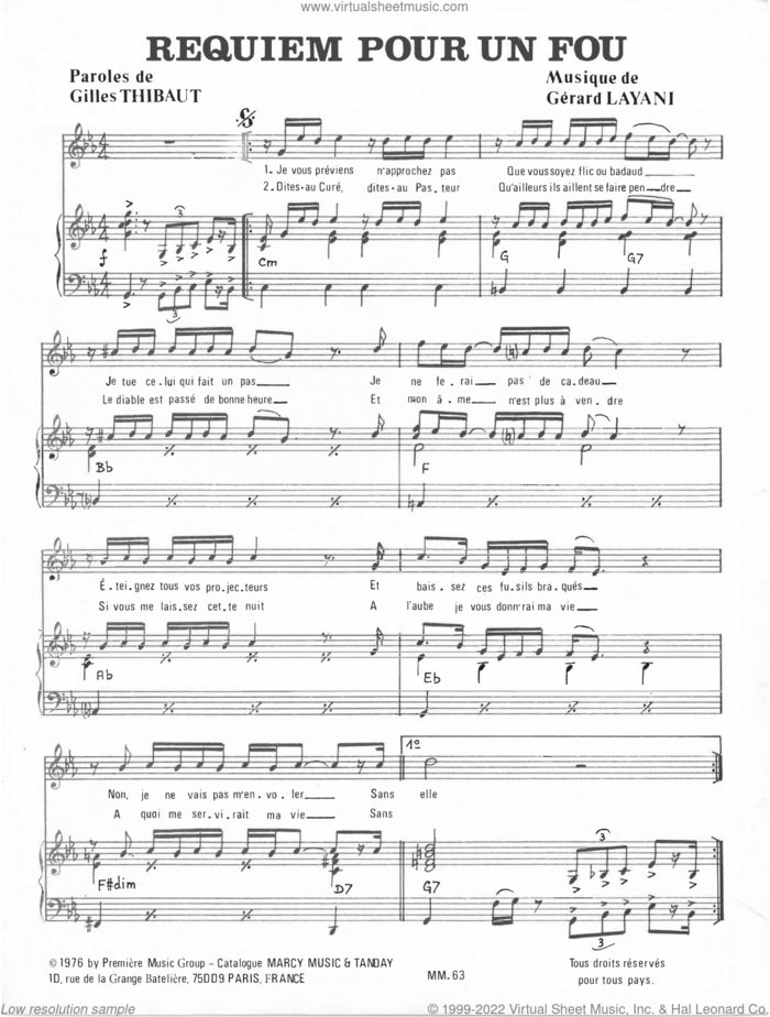 Requiem Pour Un Fou sheet music for voice and piano by Johnny Hallyday, Gerard Layani and Gilles Thibaut, classical score, intermediate skill level