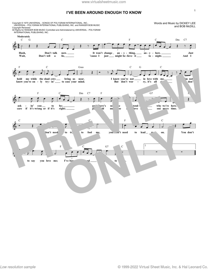I've Been Around Enough To Know sheet music for voice and other instruments (fake book) by John Schneider, Bob McDill and Dickey Lee, intermediate skill level