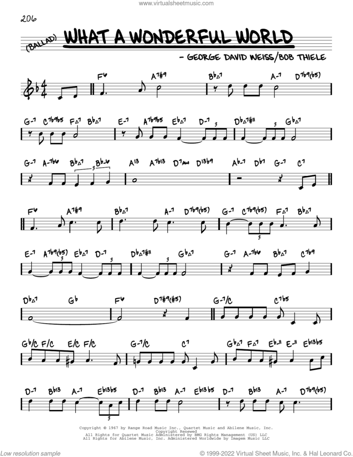 What A Wonderful World (arr. David Hazeltine) sheet music for voice and other instruments (real book) by Louis Armstrong, David Hazeltine, Bob Thiele and George David Weiss, intermediate skill level