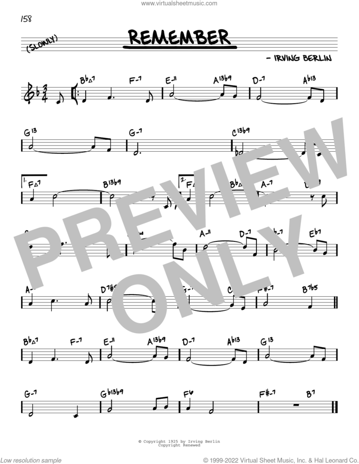 Remember (arr. David Hazeltine) sheet music for voice and other instruments (real book) by Irving Berlin and David Hazeltine, intermediate skill level