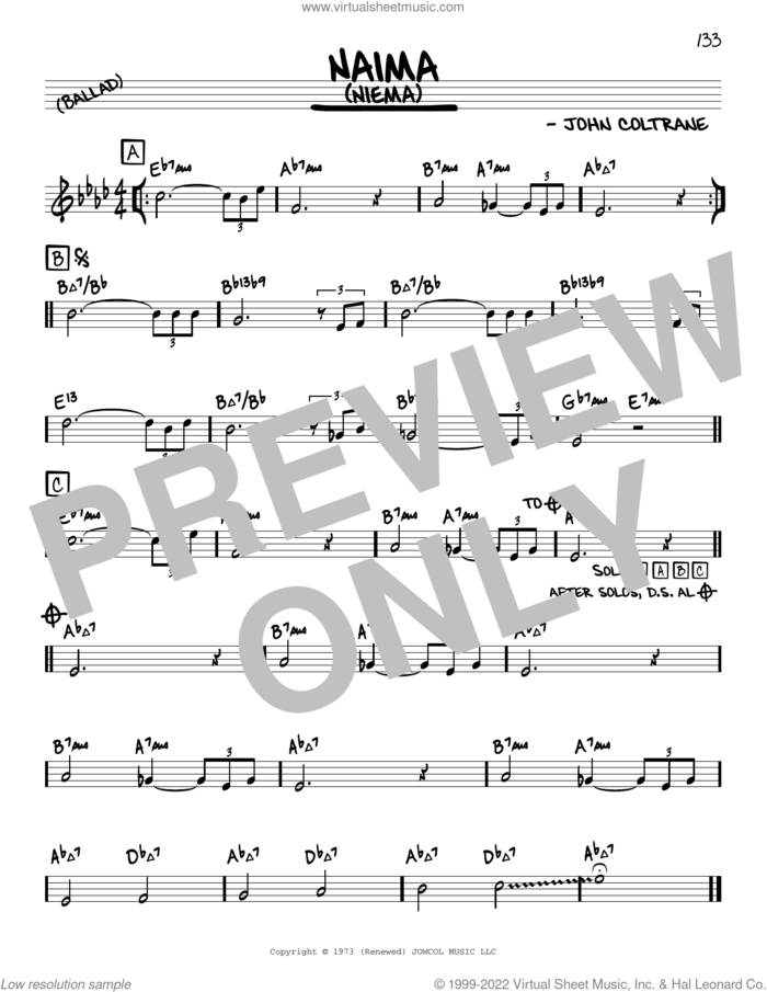 Naima (Niema) (arr. David Hazeltine) sheet music for voice and other instruments (real book) by John Coltrane and David Hazeltine, intermediate skill level