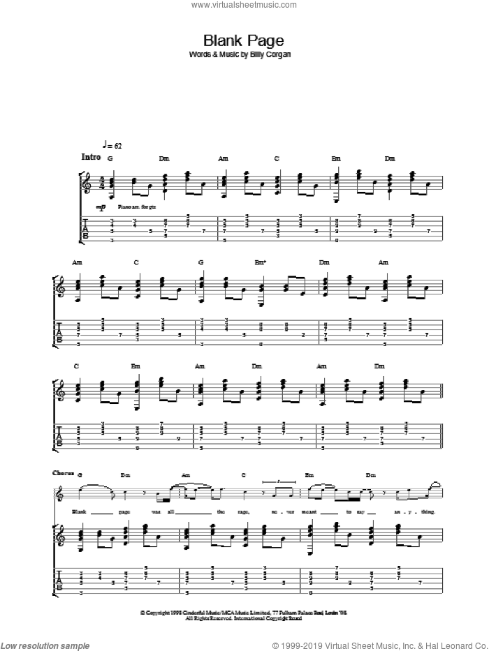 Blank Page sheet music for guitar (tablature) by The Smashing Pumpkins, intermediate skill level