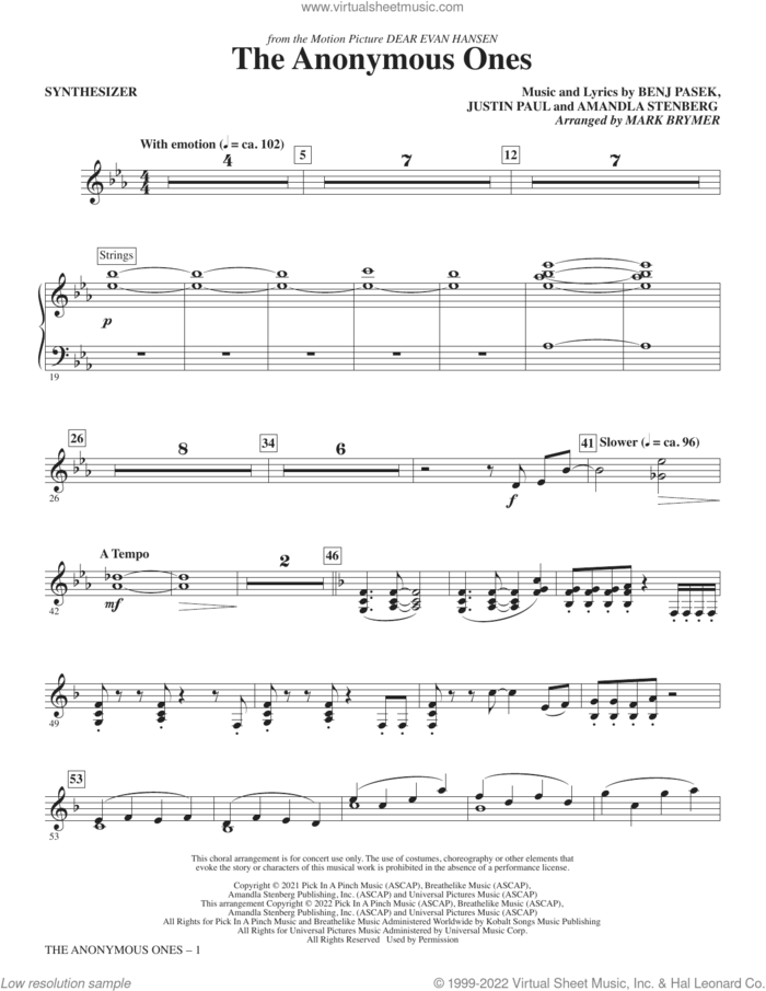 The Anonymous Ones (from Dear Evan Hansen) (arr. Mark Brymer) (complete set of parts) sheet music for orchestra/band (Rhythm) by Mark Brymer, Amandla Stenberg, Benj Pasek, Benj Pasek and Justin Paul & Amandla Stenberg and Justin Paul, intermediate skill level