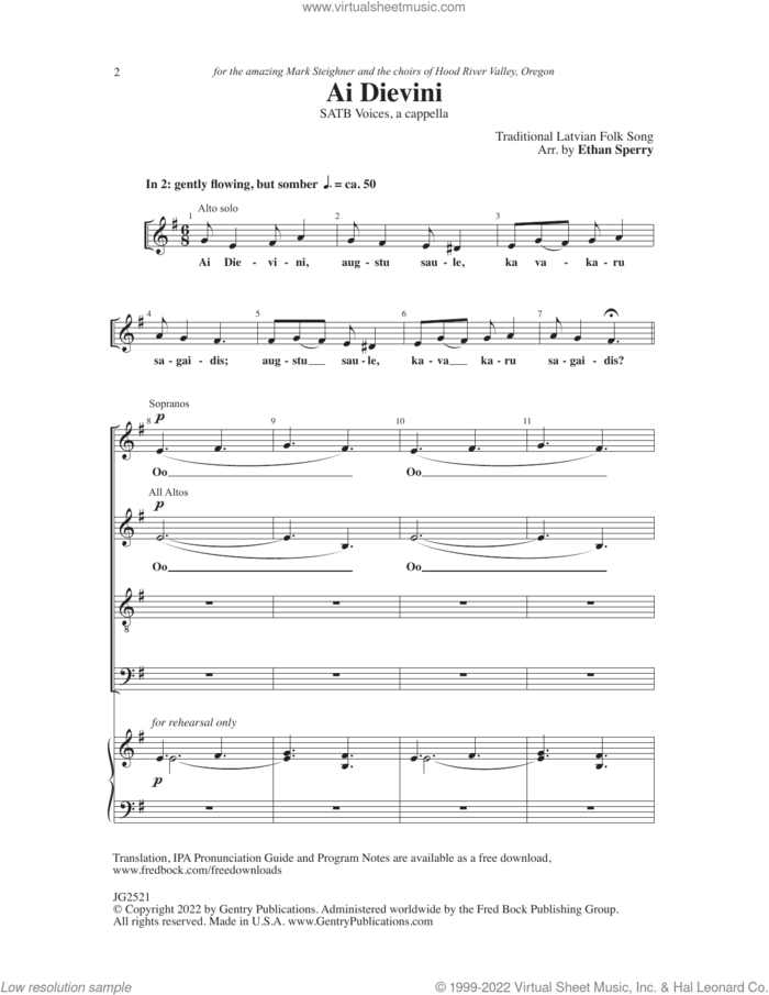 Ai Dievini sheet music for choir (SATB: soprano, alto, tenor, bass) by Ethan Sperry and Traditional Latvian Folk Song, intermediate skill level