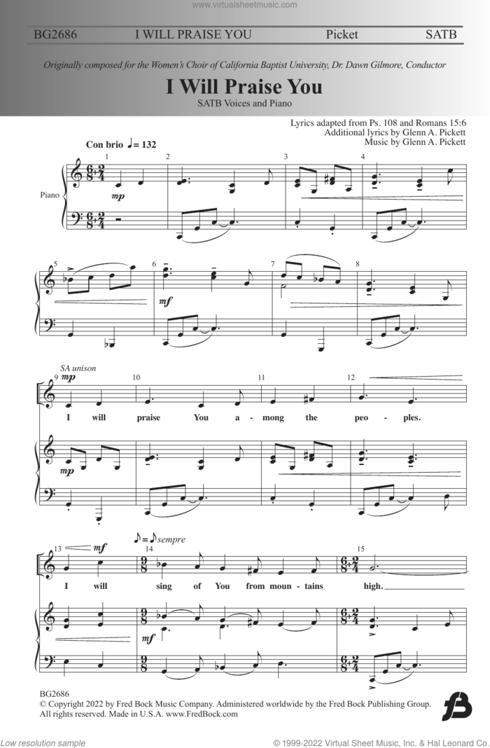 I Will Praise You sheet music for choir (SATB: soprano, alto, tenor, bass) by Glenn A. Pickett, intermediate skill level