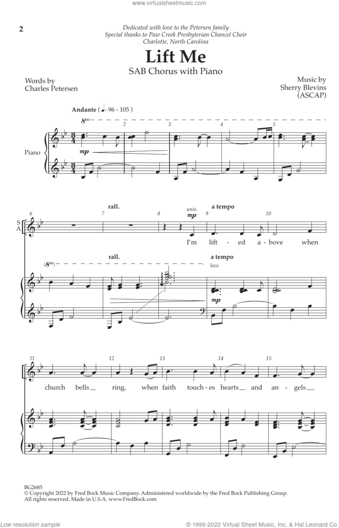 Lift Me sheet music for choir (SAB: soprano, alto, bass) by Sherry Blevins and Charles Petersen, intermediate skill level
