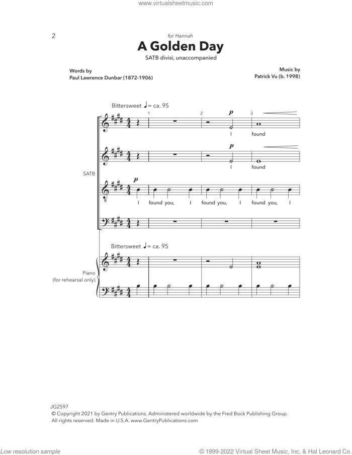 A Golden Day sheet music for choir (SATB Divisi) by Patrick Vu and Paul Lawrence Dunbar, intermediate skill level