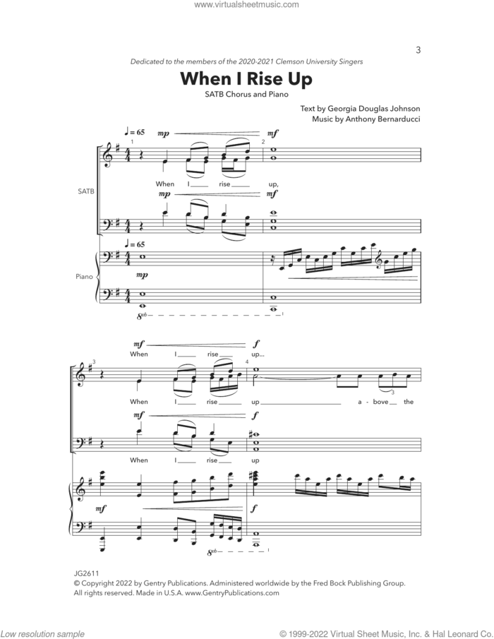When I Rise Up sheet music for choir (SATB: soprano, alto, tenor, bass) by Anthony Bernarducci and Georgia Douglas Johnson, intermediate skill level