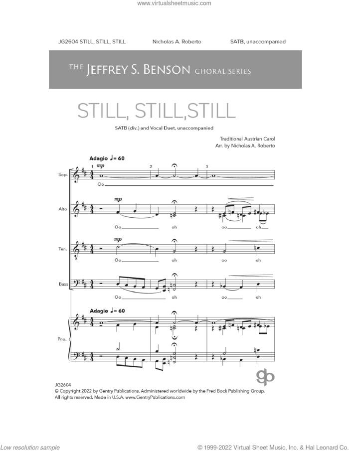 Still, Still, Still sheet music for choir (SATB: soprano, alto, tenor, bass) by Traditional Austrian Carol and Nicholas A. Roberto, intermediate skill level
