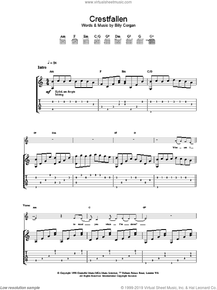 Crestfallen sheet music for guitar (tablature) by The Smashing Pumpkins, intermediate skill level