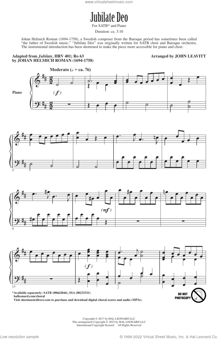 Jubilate Deo (arr. John Leavitt) sheet music for choir (SATB: soprano, alto, tenor, bass) by Johan Helmich Roman and John Leavitt, classical score, intermediate skill level