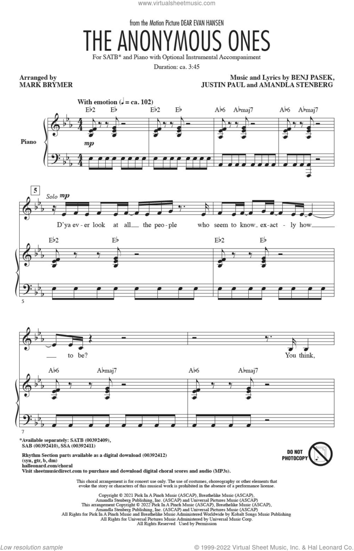 The Anonymous Ones (from Dear Evan Hansen) (arr. Mark Brymer) sheet music for choir (SATB: soprano, alto, tenor, bass) by Benj Pasek and Justin Paul & Amandla Stenberg, Mark Brymer, Amandla Stenberg, Benj Pasek and Justin Paul, intermediate skill level