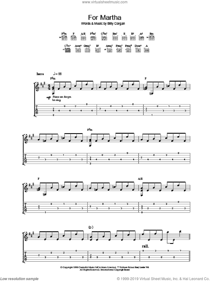 For Martha sheet music for guitar (tablature) by The Smashing Pumpkins, intermediate skill level