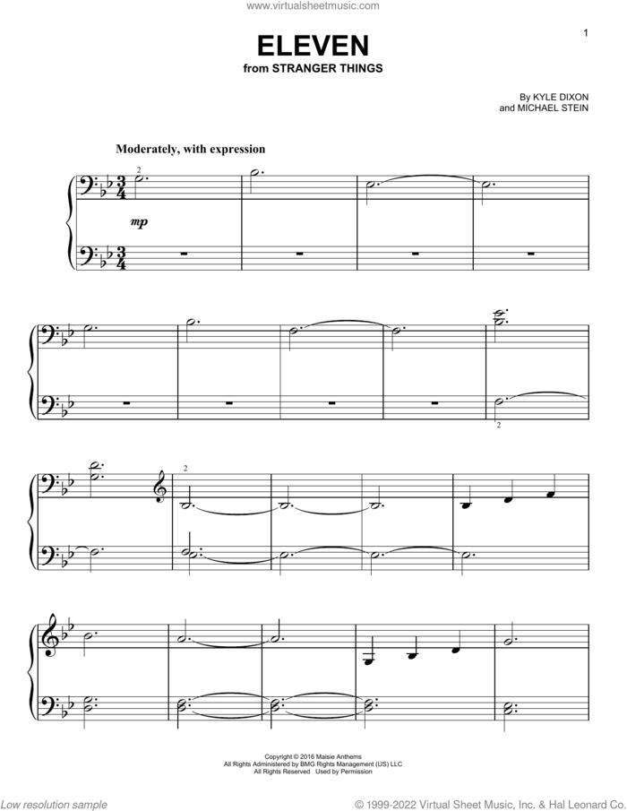 Eleven (from Stranger Things) sheet music for piano solo by Kyle Dixon & Michael Stein, Kyle Dixon and Michael Stein, easy skill level