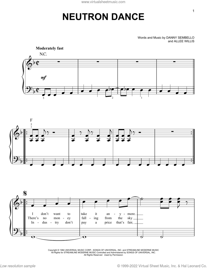 Neutron Dance sheet music for piano solo by The Pointer Sisters, Allee Willis and Danny Sembello, easy skill level