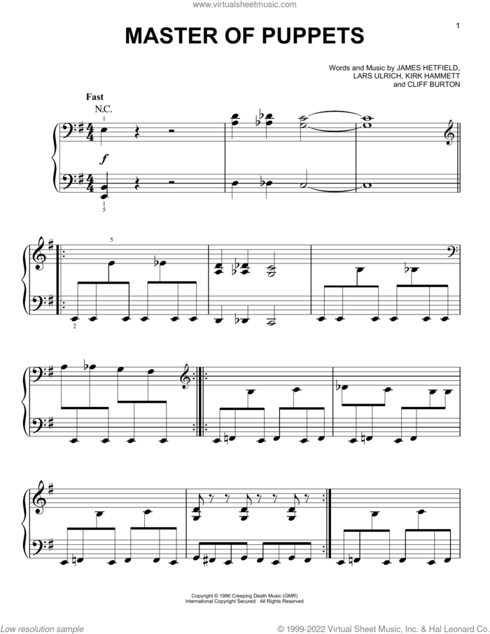 Master Of Puppets sheet music for piano solo by Metallica, Cliff Burton, James Hetfield, Kirk Hammett and Lars Ulrich, easy skill level
