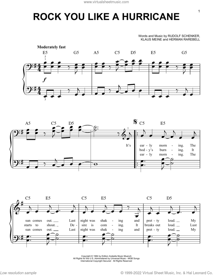 Rock You Like A Hurricane sheet music for piano solo by Scorpions, Herman Rarebell, Klaus Meine and Rudolf Schenker, easy skill level
