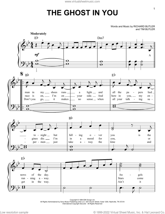 The Ghost In You sheet music for piano solo by Psychedelic Furs, Richard Butler and Tim Butler, easy skill level