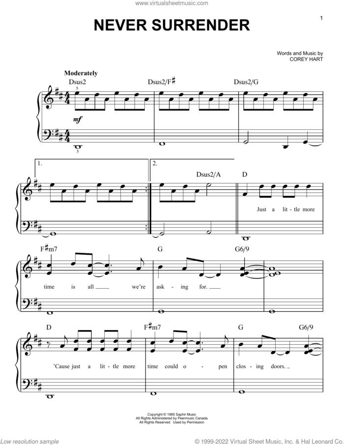 Never Surrender sheet music for piano solo by Corey Hart, easy skill level