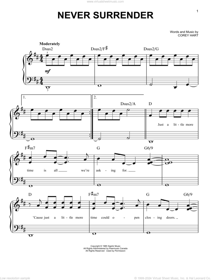 Never Surrender sheet music for piano solo by Corey Hart, easy skill level