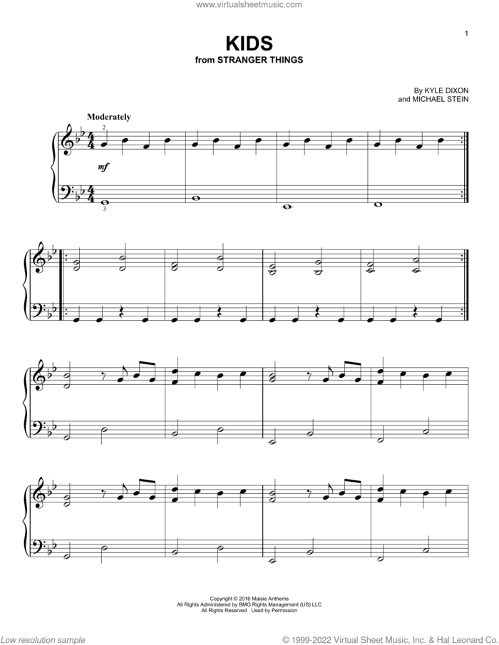 Kids (from Stranger Things), (easy) sheet music for piano solo by Kyle Dixon & Michael Stein, Kyle Dixon and Michael Stein, easy skill level