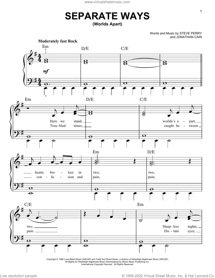Separate Ways (Worlds Apart) sheet music for piano solo by Journey, Jonathan Cain and Steve Perry, easy skill level