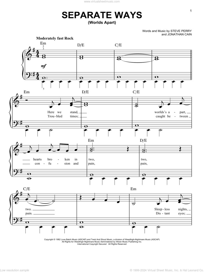 Separate Ways (Worlds Apart) sheet music for piano solo by Journey, Jonathan Cain and Steve Perry, easy skill level