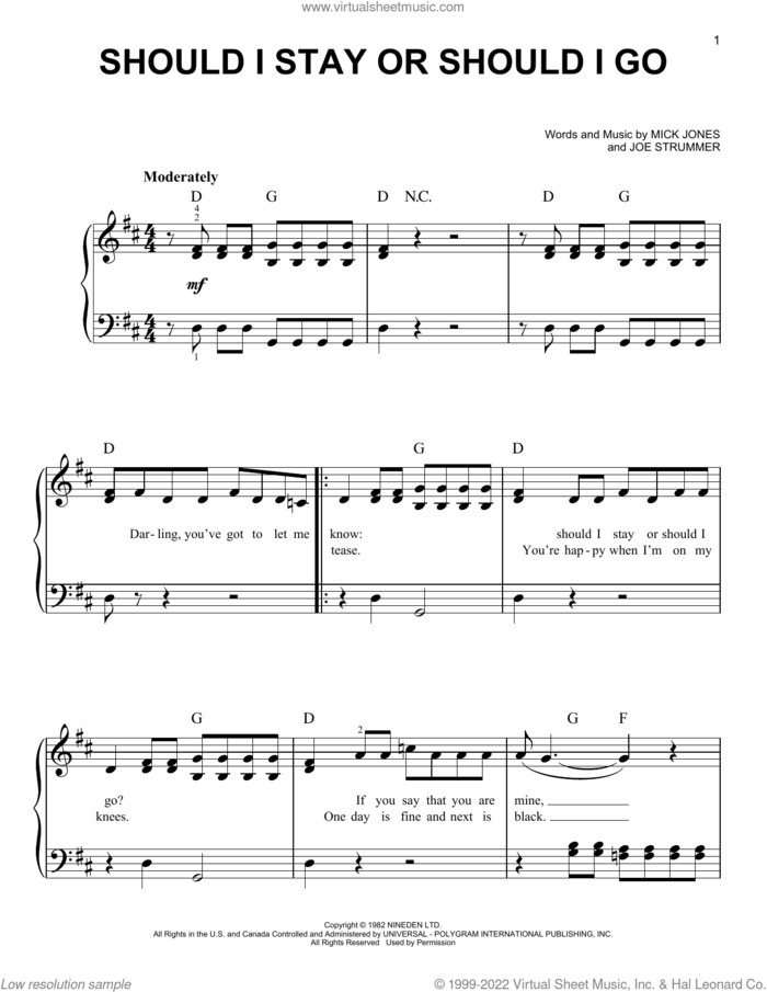 Should I Stay Or Should I Go sheet music for piano solo by The Clash, Joe Strummer and Mick Jones, easy skill level