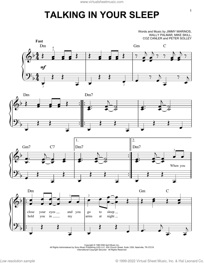 Talking In Your Sleep sheet music for piano solo by The Romantics, Coz Canler, Jimmy Marinos, Mike Skill, Peter Solley and Wally Palmar, easy skill level