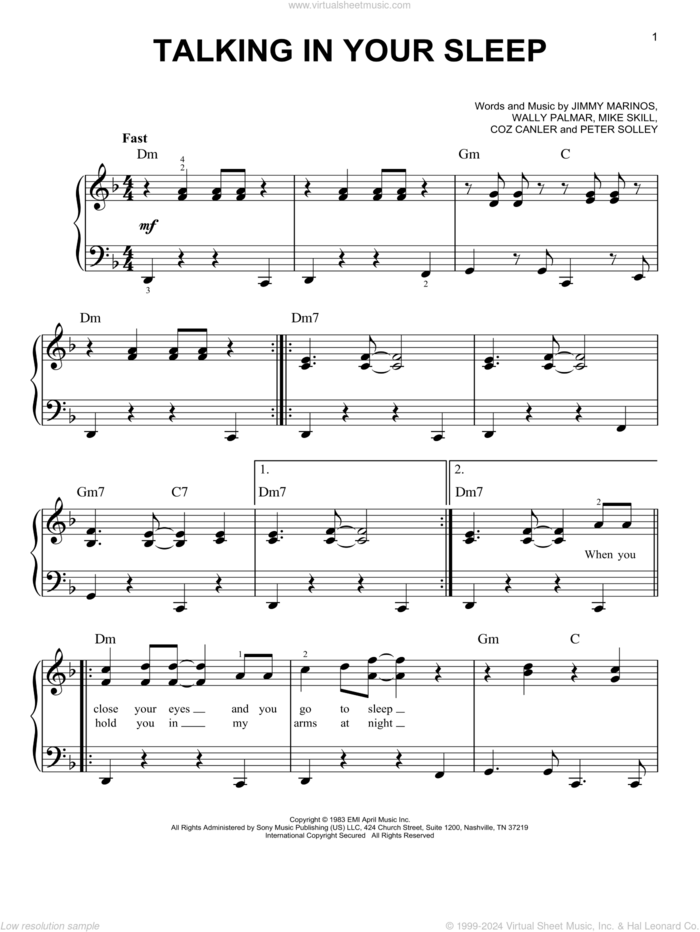 Talking In Your Sleep sheet music for piano solo by The Romantics, Coz Canler, Jimmy Marinos, Mike Skill, Peter Solley and Wally Palmar, easy skill level