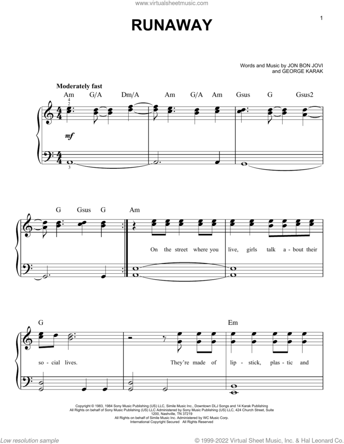 Runaway sheet music for piano solo by Bon Jovi and George Karak, easy skill level
