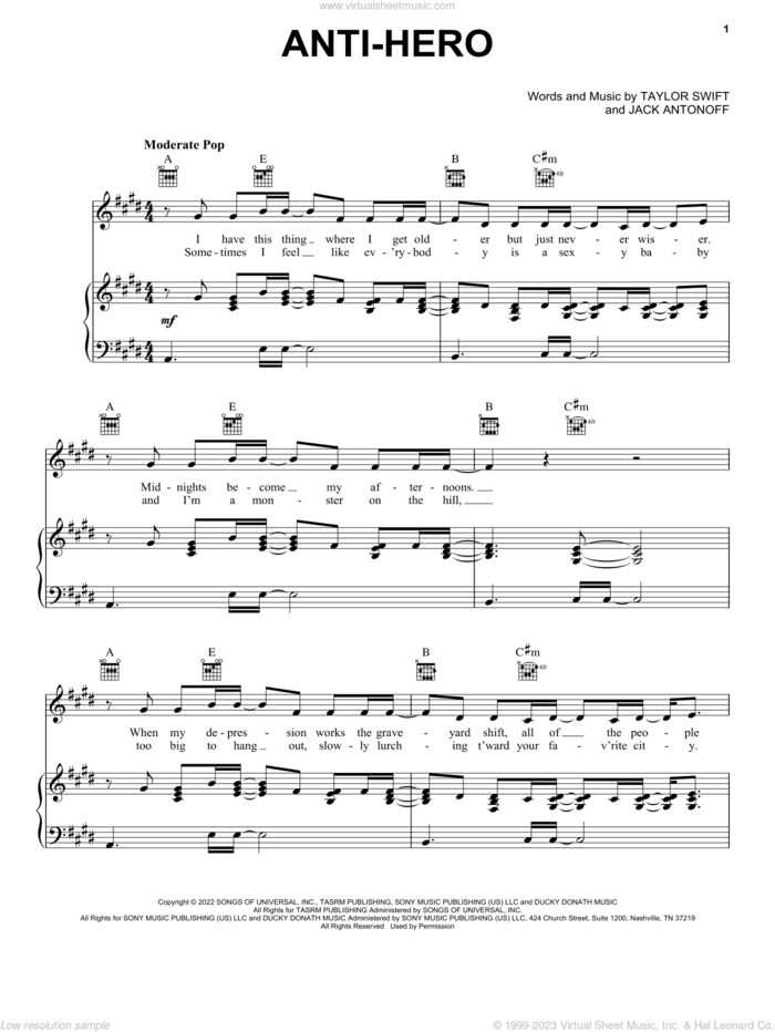 Anti-Hero sheet music for voice, piano or guitar by Taylor Swift and Jack Antonoff, intermediate skill level