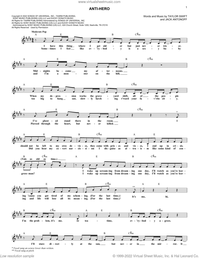 Anti-Hero sheet music for voice and other instruments (fake book) by Taylor Swift and Jack Antonoff, intermediate skill level