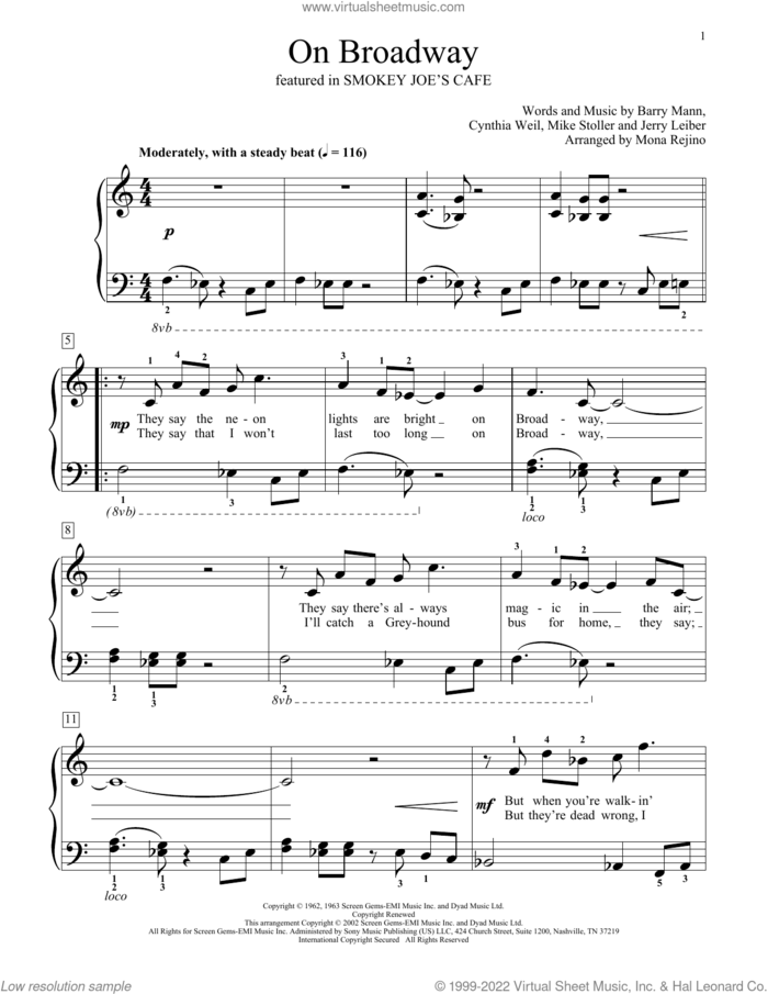 On Broadway (from Smokey Joe's Cafe) (arr. Mona Rejino) sheet music for piano solo (elementary) by George Benson, Mona Rejino, The Drifters, Barry Mann, Cynthia Weil, Jerry Leiber and Mike Stoller, beginner piano (elementary)