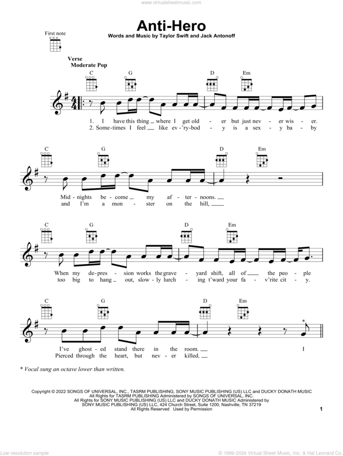 Anti-Hero sheet music for ukulele by Taylor Swift and Jack Antonoff, intermediate skill level