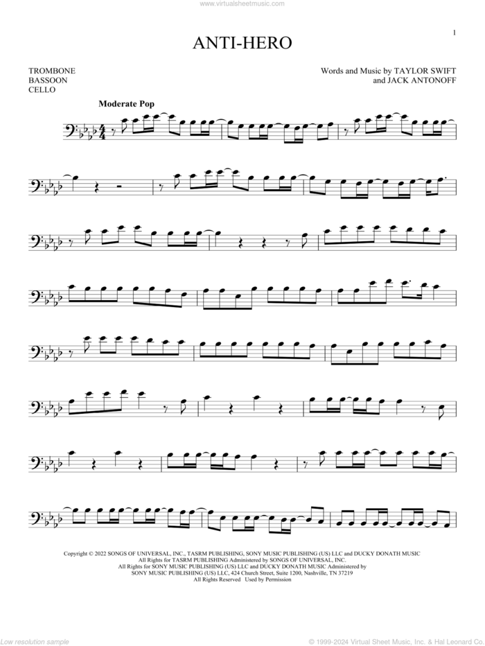Anti-Hero sheet music for Solo Instrument (bass clef) by Taylor Swift and Jack Antonoff, intermediate skill level
